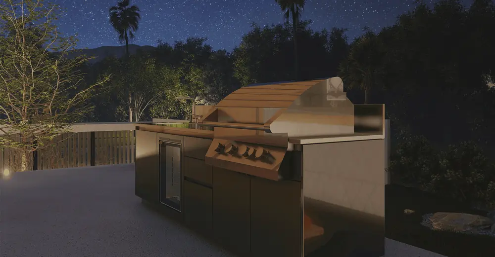 Rendu 3D nocturne d'une cuisine SOLSTYS